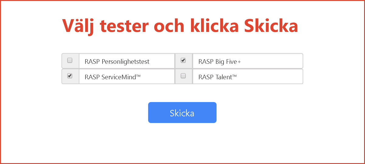 RASP ServiceMind - Välj tester och klicka Skicka