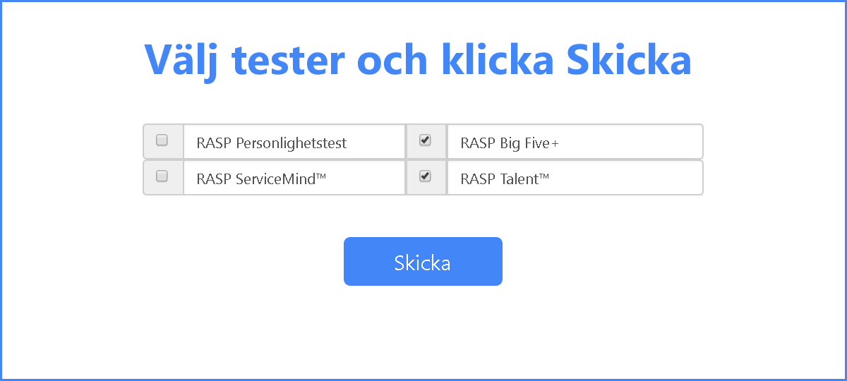 RASP Talent - Välj tester och klicka Skicka